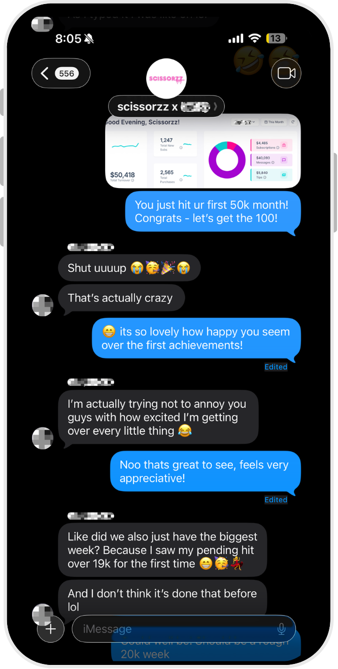 Team chat: you just hit your first 50k month, congrats, let's get the 100