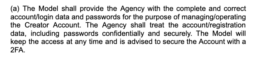 Contract clause: the model keeps account access at all times and is advised to secure the account with 2FA