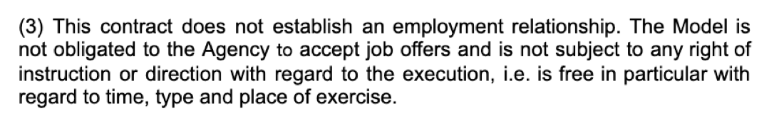 Contract clause: no employment relationship, the model is not obligated to accept offers and is free regarding time, type and place